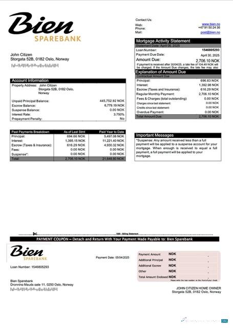 Download Norway Bien Sparebank mortgage statement Word and PDF template Photoshop template